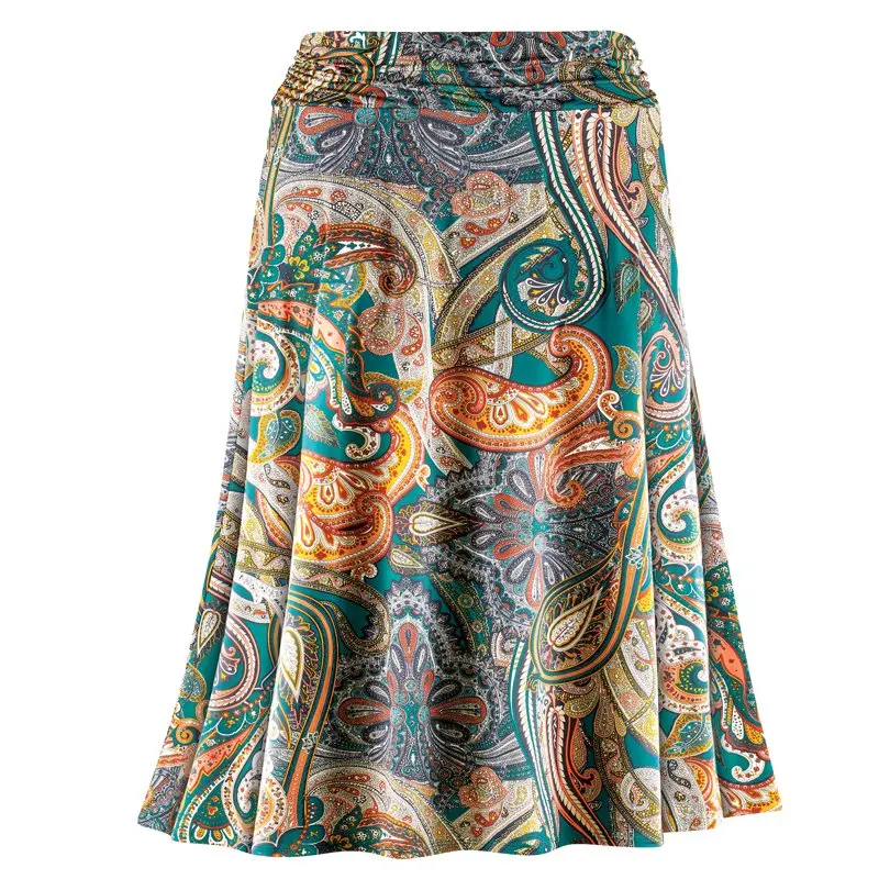 

Women`s Paisley Print Mid-Length Knit Skirt with Shirred Waistband Emerald Large