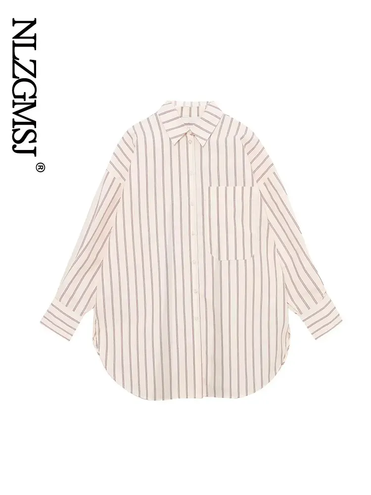 

Осенняя атласная блузка Nlzgmsj 2022, женская синяя, белая рубашка в полоску, женские повседневные рубашки с длинным рукавом и пуговицами, топы