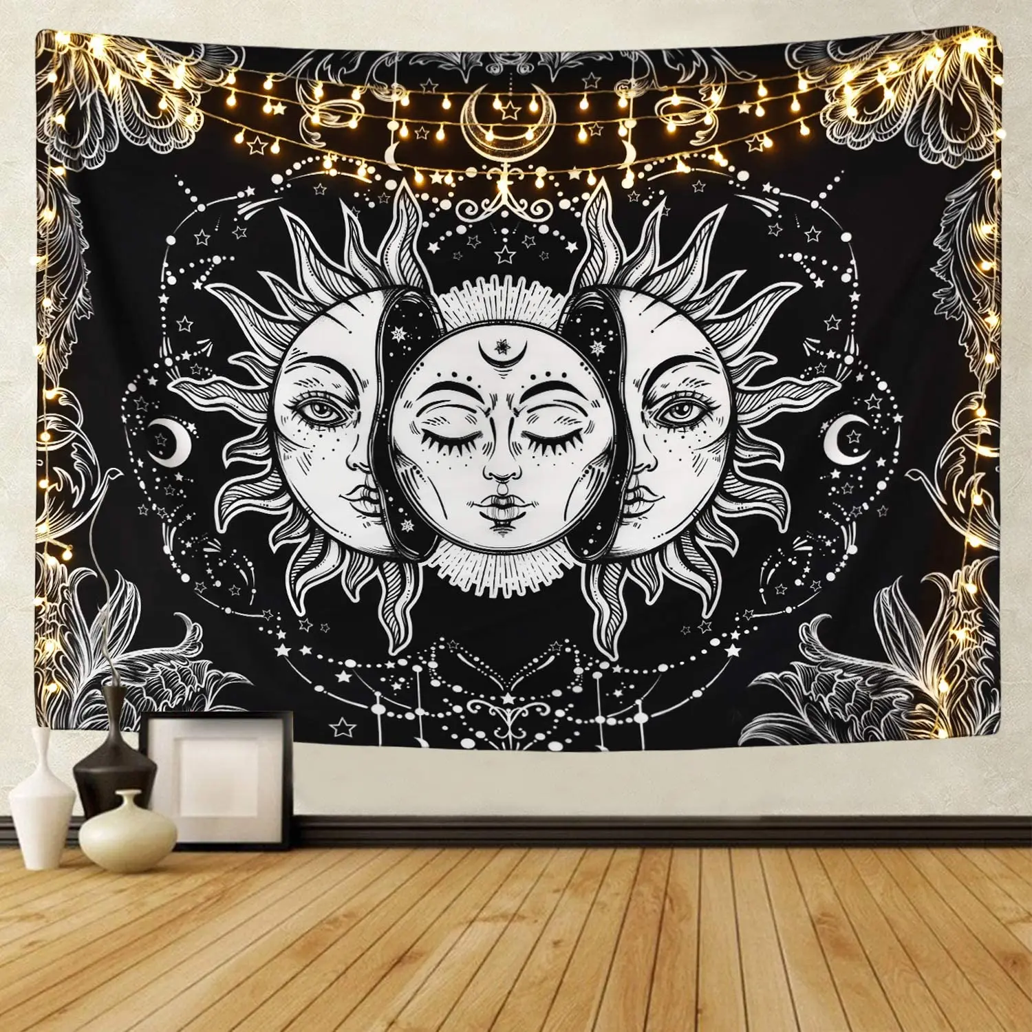 

Sun and Moon Tapestry Burning Sun with Star Tapestry Psychedelic Tapestry Black and White Mystic Tapestry Wall Hanging
