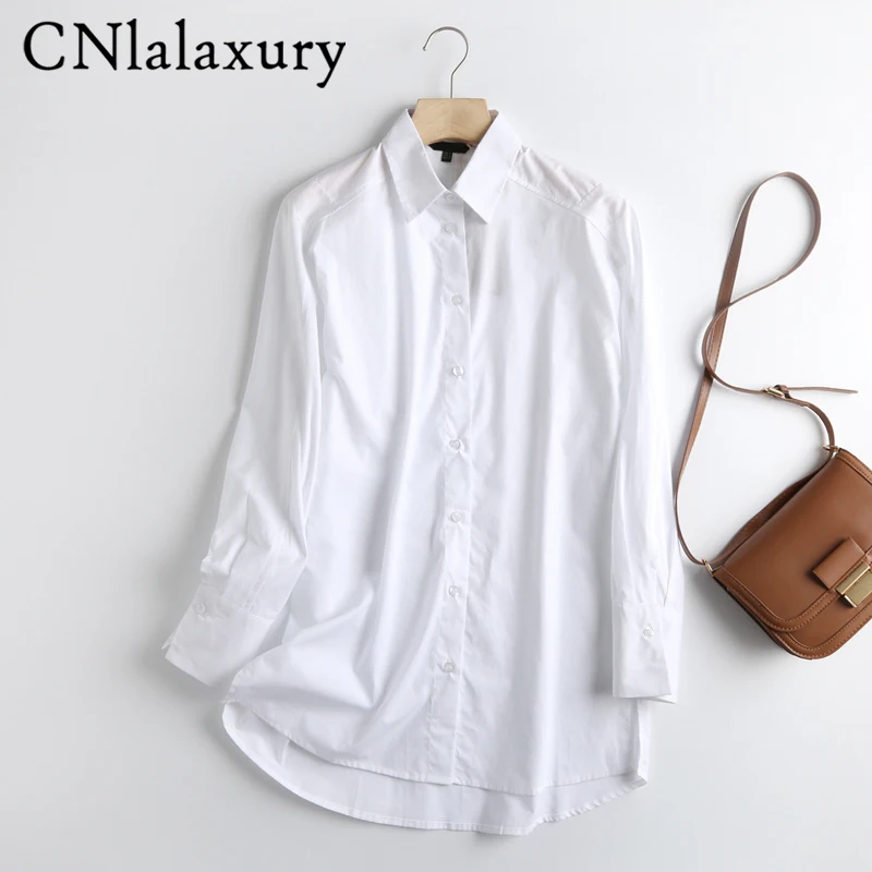 

CNlalaxury Women Retro Oversized White Cotton Blouse Long Sleeve Chic Female Casual Loose Shirt Blusas Femininas