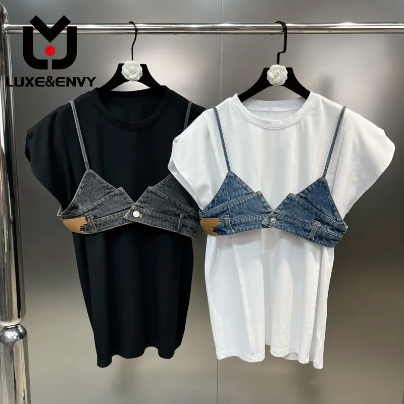 

Роскошная Свободная джинсовая футболка в стиле пэчворк & ENVY, подчеркивающая индивидуальность, Новинка лета 2023, топы с круглым вырезом и коротким рукавом, WZ2697