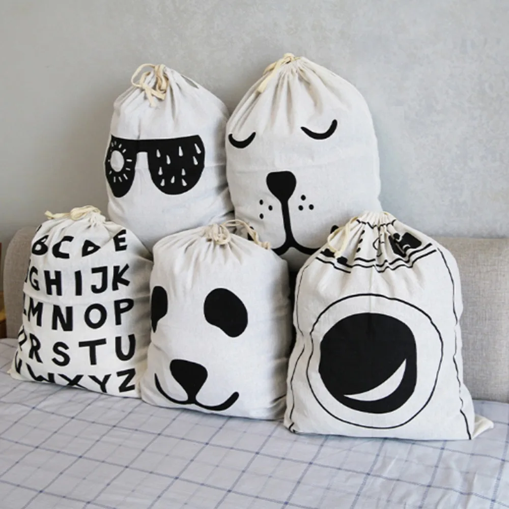 

Home Toy Canvas Storage Bag Animal Stripe Pattern Cotton Laundry Bag Cute Closet Basket Drawstring Dirty Clothes Organizer Bag