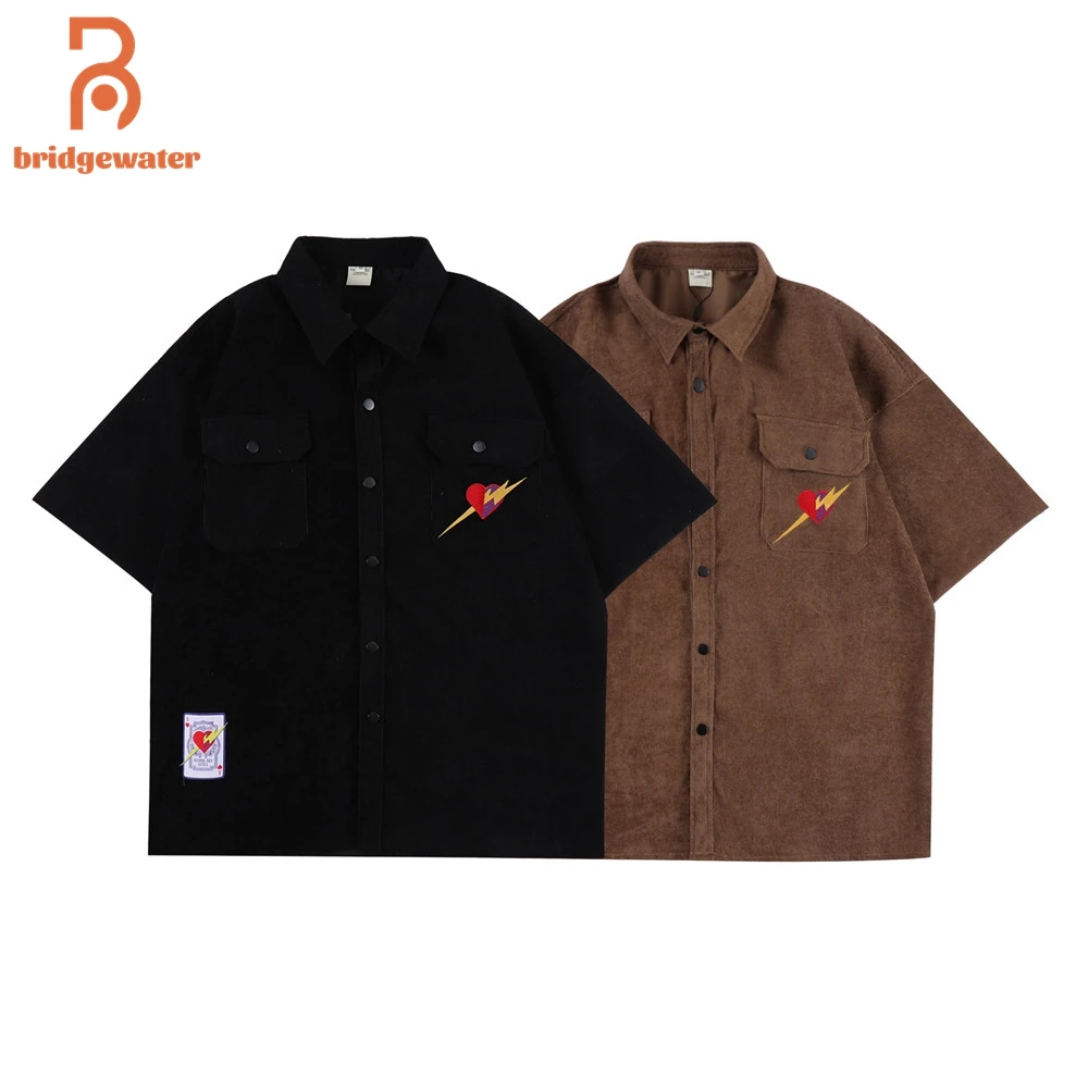 

BRIDGEWATER Men's Short Sleeve Shirt Soft Corduroy Heart Embroidery Jacket Cotton Casual Streetwear Oversize Blouses Vintage Top
