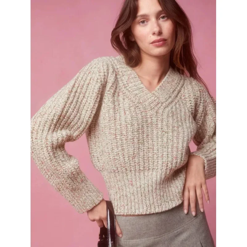 Французский Ro Home 2024 осенне-зимний красочный укороченный вязаный пуловер с