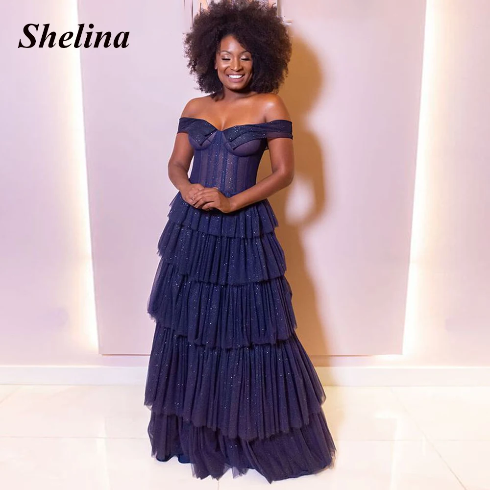 

Delicate Glitter Off the Shoulder Tiered Formal Occasion Dresses V-neck Court Train Evening Gowns Vestido De Noite Customer Made