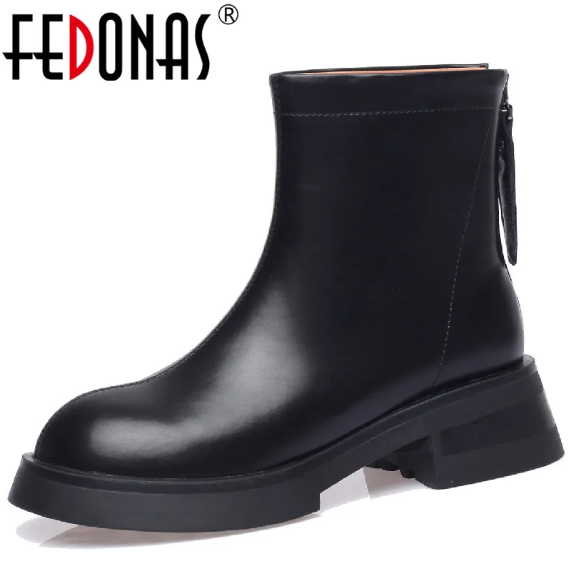 

FEDONAS 2023 Outdoor Casual Women Ankle Boots Autumn Winter Genuine Leather Thick Heels Back Zipper Platforms Shoes Woman