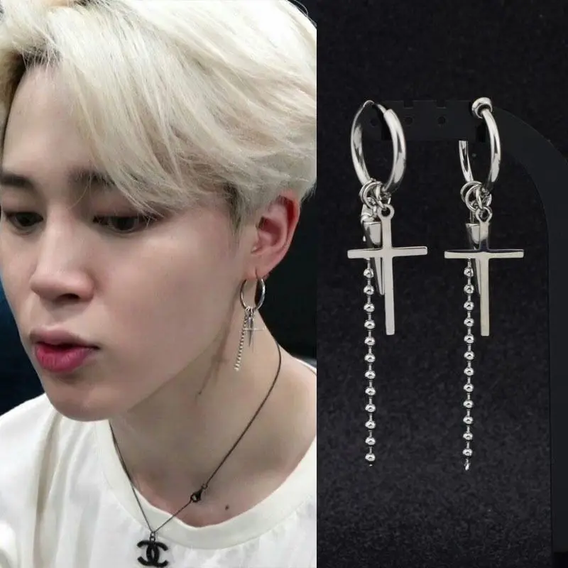 

Серьги KPOP Bangtan Boy JIMIN, модная металлическая цепочка, зажим для ушей, крест, конус, подвеска, парные серьги, орнамент, поклонники, подарок на ден...