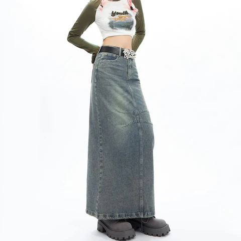Maxi Denim Skirts Women Autumn American Retro Streetwear Y2k College Young Girls Chic Long Faldas Sexy Mujer Straight Hipster