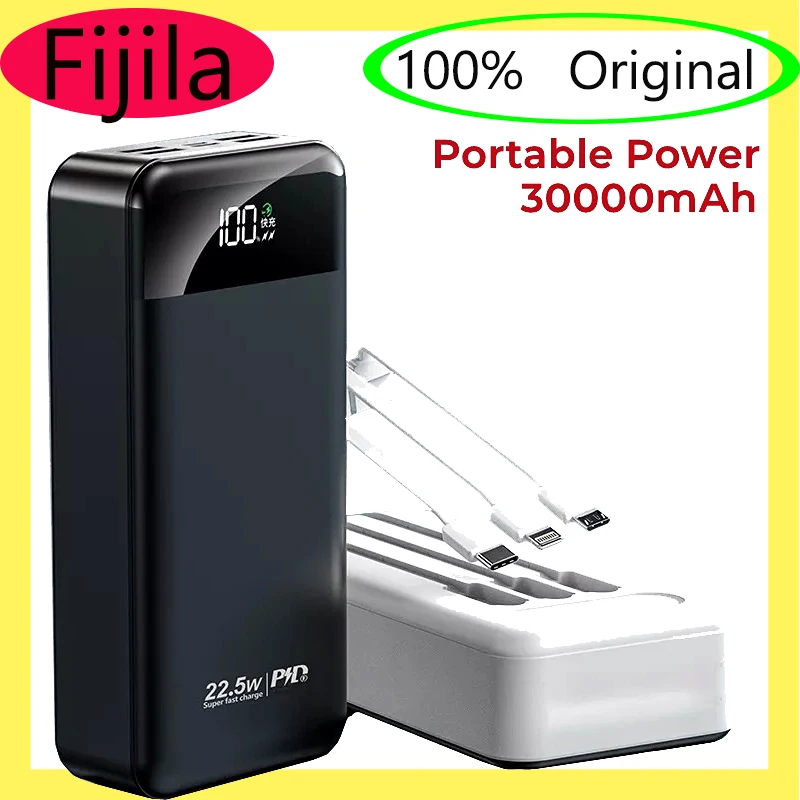 

30000mah 22.5W Quick Charging Power Bank with LED Flashlight Portable Cables