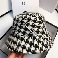 new designer bucket hat for women autumn winter houndstooth rhinestones fisherman hats lady fashion plaid elegant brim caps