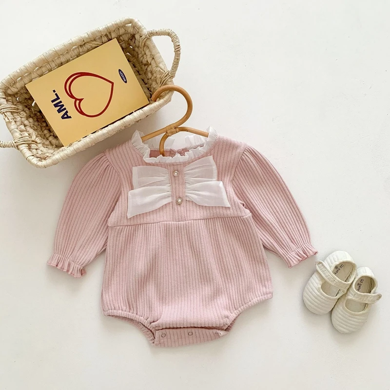 

Infant Newborn Baby Girls Casual Daily Romper Long Sleeve Crew Neck Bowknot Patchwork Bodysuit