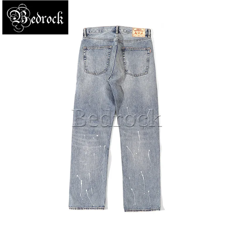MBBCAR 14.5oz vintage heavy washed splash-ink embroidery hole jeans men original high street selvedge denim straight pants 7463