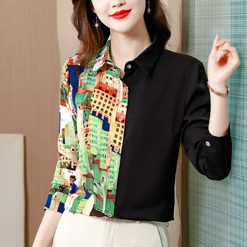

Poplin Women's Blouse Loose In Summer Patchwork Print Long Sleeve Top Casual Fashion Lapel Shirt Houthion