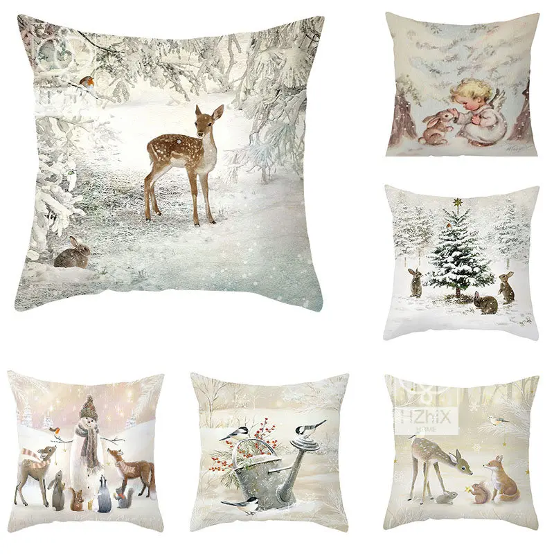 

Vintage Elk Christmas Cushion Cover Winter Snow Pillowcase Decor Fairy Lights Cute Cartoon Snowman Pillowcover Home Decorative