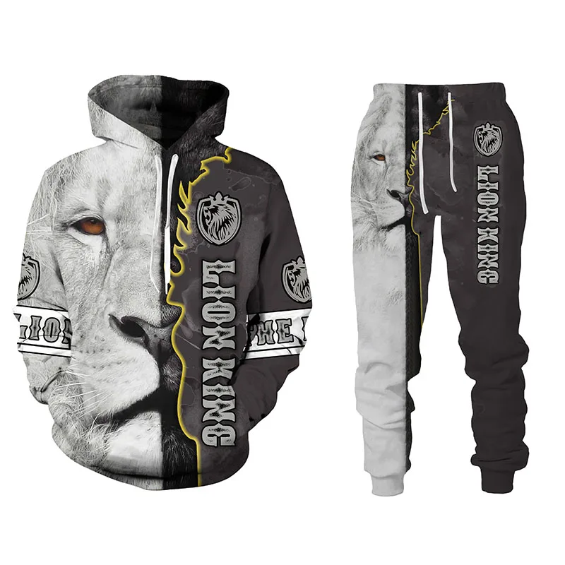 

Autumn Winter 3D Ferocious Lion Printed Men's Hooded Sweater Set Men's Sportswear Tracksuit Long Sleeve Men's Clothing Suit