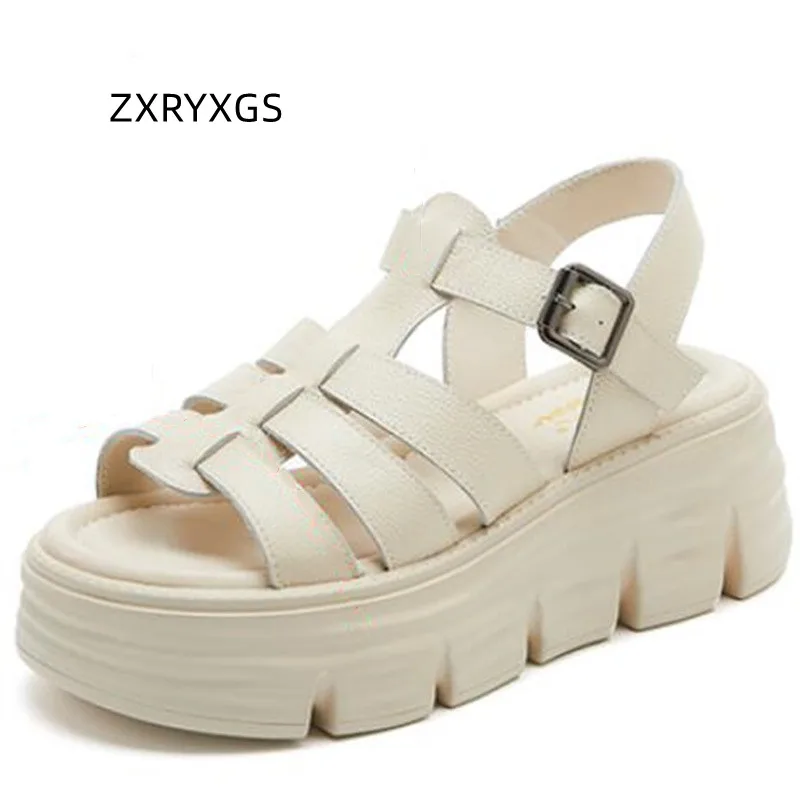 

ZXRYXGS 2023 New Premium Cowhide Summer Leather Sandals Roman Shoes Women Sandals Platform Heightening Shoes Comfortable Sandals