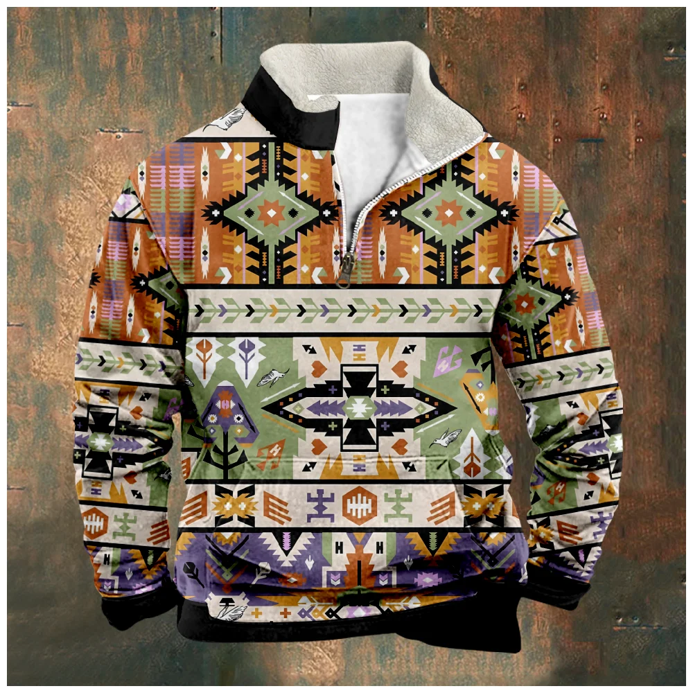 

Spring Fall Sweatshirts Men/women Long Sleeve Hooded Shirt Vintage Tribal Graphics Stand Collar Casual Pullovers Tops Streetwear