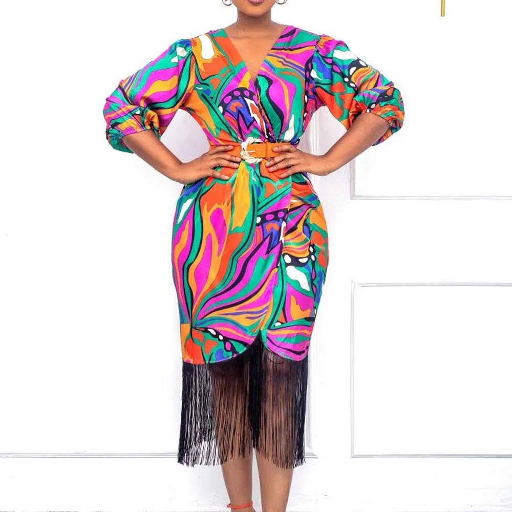 

Women's Dress Printed V-Neck Elegant Pack Hip Tight Patchwork Tassels Western Style Dress With Belt For Women 2022 Summer
