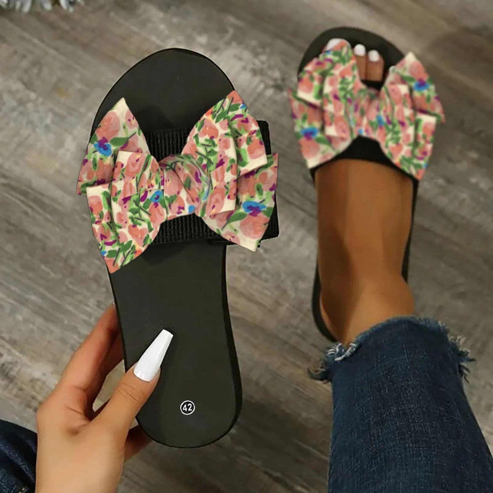 Летние пляжные тапочки с бантом Женские повседневные плоские цветочным рисунком