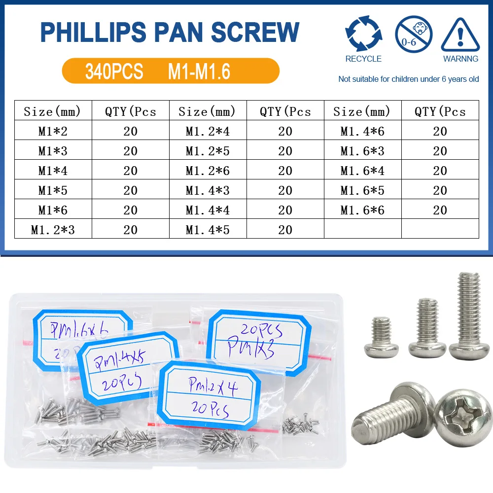

Набор винтов Phillips M1 M1.2 M1.4 M1.6 M2 нержавеющая сталь