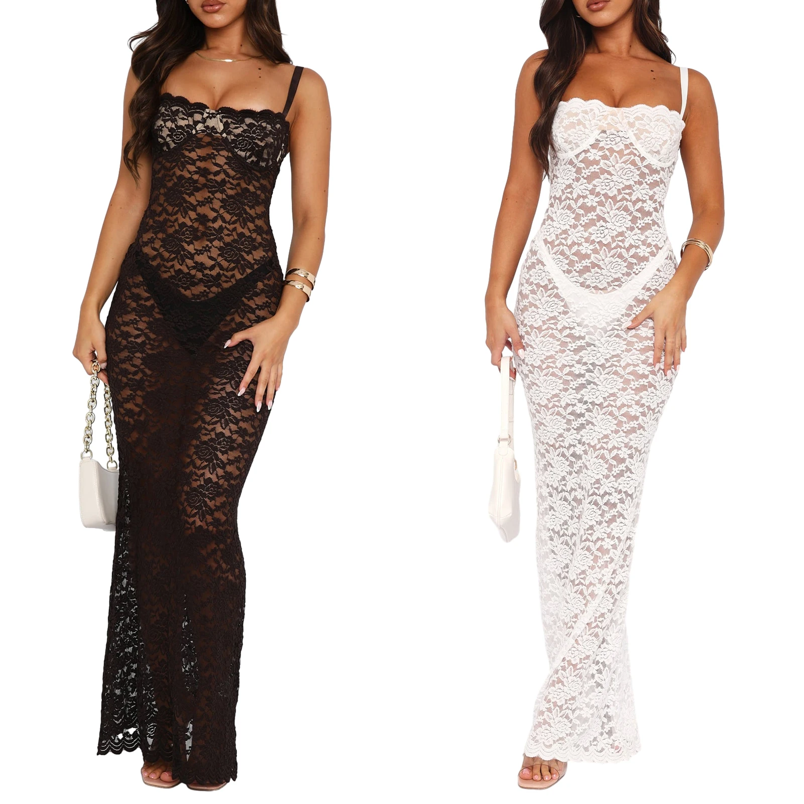 

Women Sexy Sheer Dress Sleeveless Cutout Slip Dress See Through Lace Skinny Dress Bodycon Maxi Dress Party Clubwear