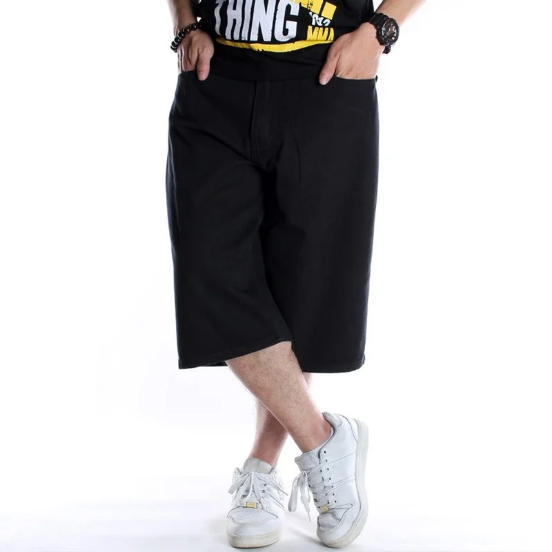 Summer Men's Wide Leg Denim Shorts Loose Straight Skating Pure Black Shorts Middle Pants Jeans Plus Size