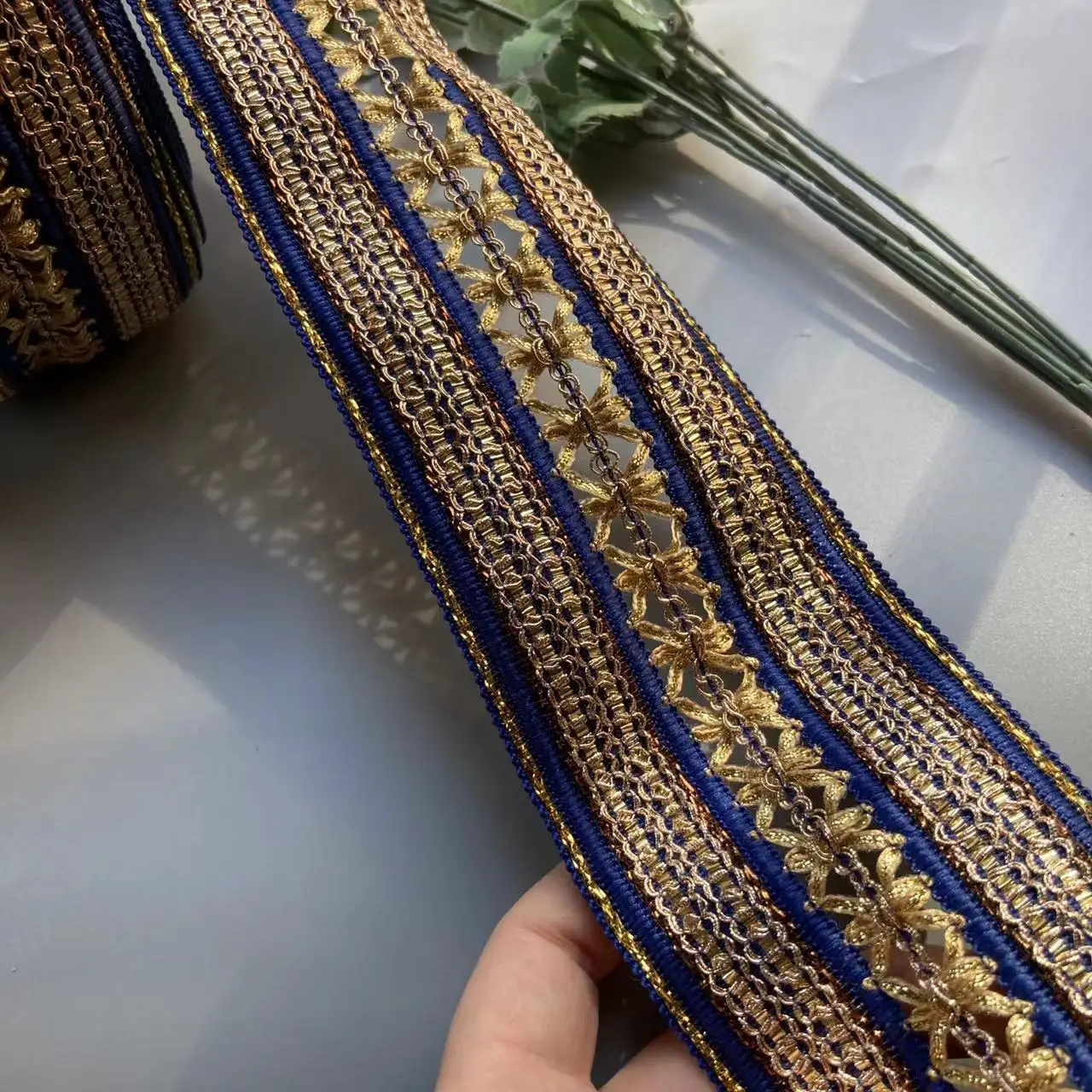 1 ярд синяя 7 см лента с рисовой кружевной отделкой этническая одежда золотая нить