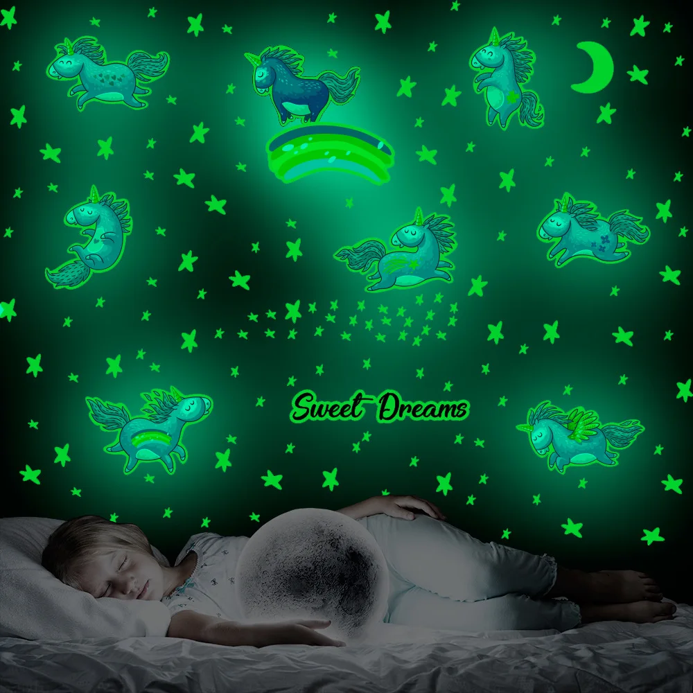 One Set Glowing Wall Sticker Ceiling Stars Flying Horse Unicorn Luminous Glow In The Dark Stickers for Kids Bedroom |