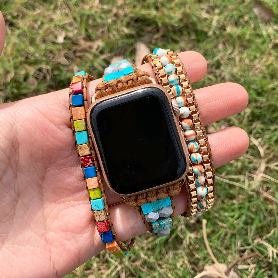 

Trendy Natural Stone Crystal Apple Watch Band Beads Boho 3 Wrap Wax Rope Watch Strap Vegan Wristband Holiday Gift Wholesale