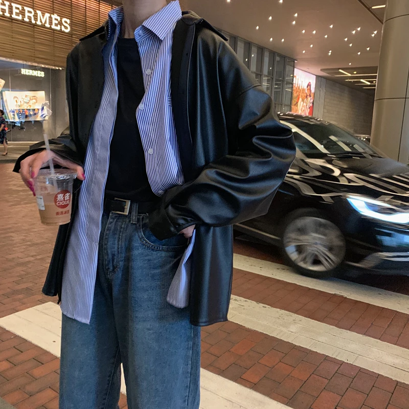 Women Black Faux Leather Basic Coat Turn-down Collar Oversized Motor Trench PU Leather Biker Jacket 2021 Autumn Winter Blouses