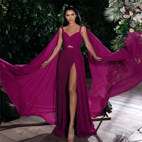 chiffon purple a line prom dresses with wrap spaghetti straps sleeveless sexy high side split evening gown robe de mari%c3%a9e