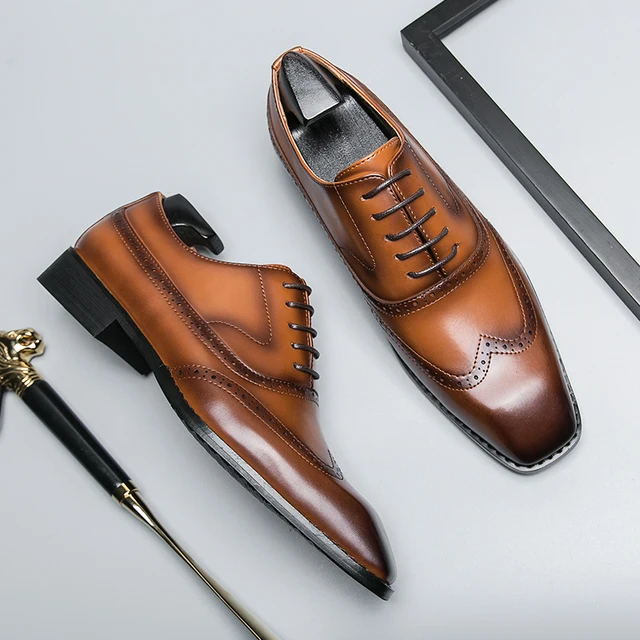 New Oxfords Men Dress Shoes Square Toe Lace-up Spring Autumn Wedding Shoes Pu Leather Shoes for Men with Free Shipping 2