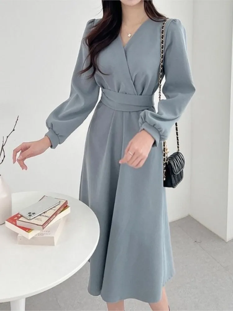 

2022 Dress Women Slim Cross V Puff Long Sleeve Dresses Lace Up Waist Robes Ra Femme Elegant A Line Vestidos Mujer Korean Blusas