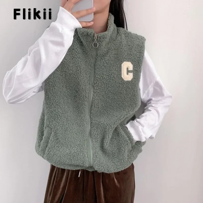 

Женский Повседневный мешковатый жилет, корейский спортивный жилет без рукавов, с карманами, на молнии, с круглым вырезом и буквенным принтом, зимняя куртка 2023