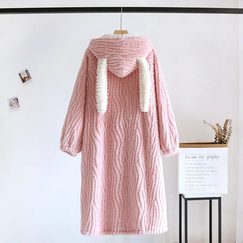 Autumn Winter Cute Pajamas Women Flannel Nightgown Thickened Coral Velvet Korean Pajamas Housewear Suit Warm Hooded Bathrobe