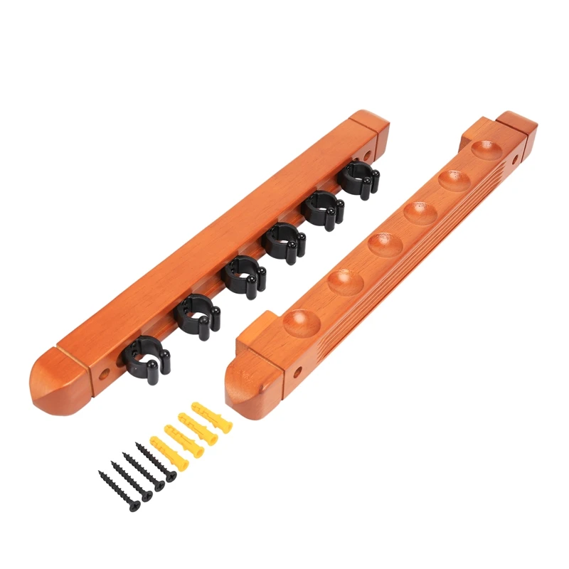 

New Wall Mounted Hardwood Billiard Cue Rack Pool Cue Rack 6 Clips Billiard Holder Bracket Accessories,Brown