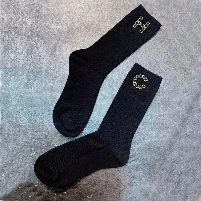 Metal Letter Embroidery Middle Tube Stockings All-match Spring Autumn Trendy Socks Net Red AB Face Black Cotton Sock