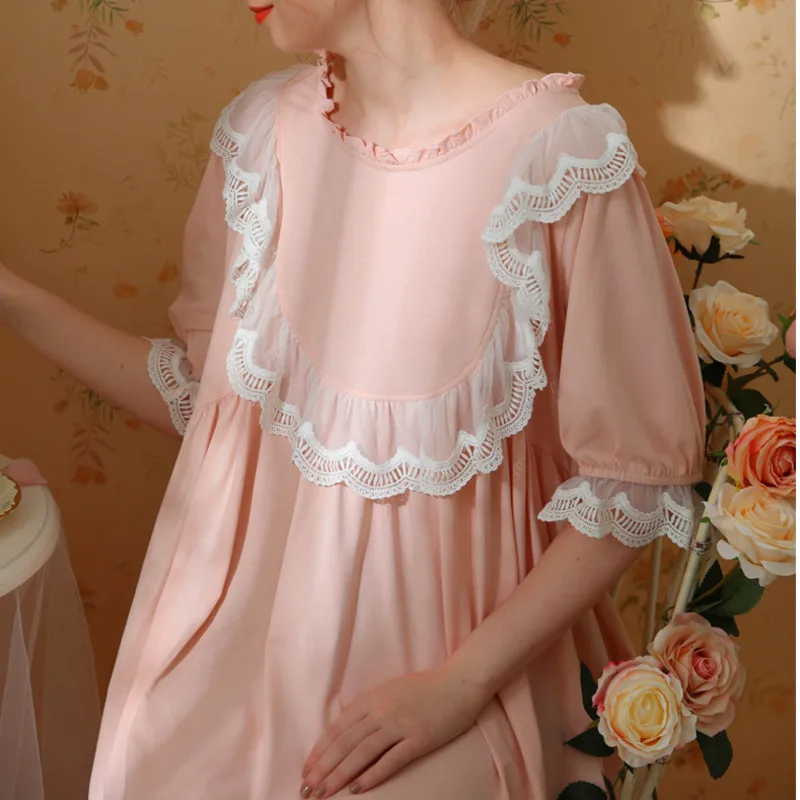 Sweet Nightgown Women Cotton Lace Cute Sleepdress French Court Cute Nightdress Spring Vintage Retro Princess Sleepwear Nightwear