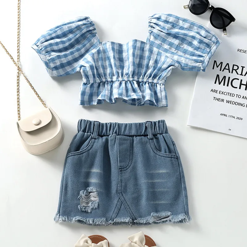 

2PCS Toddler Children Girls Skirt Sets Summer Clothes 2023 Short Sleeve Plaid Tops Denim Skirt Set Baby Items Things Clothing