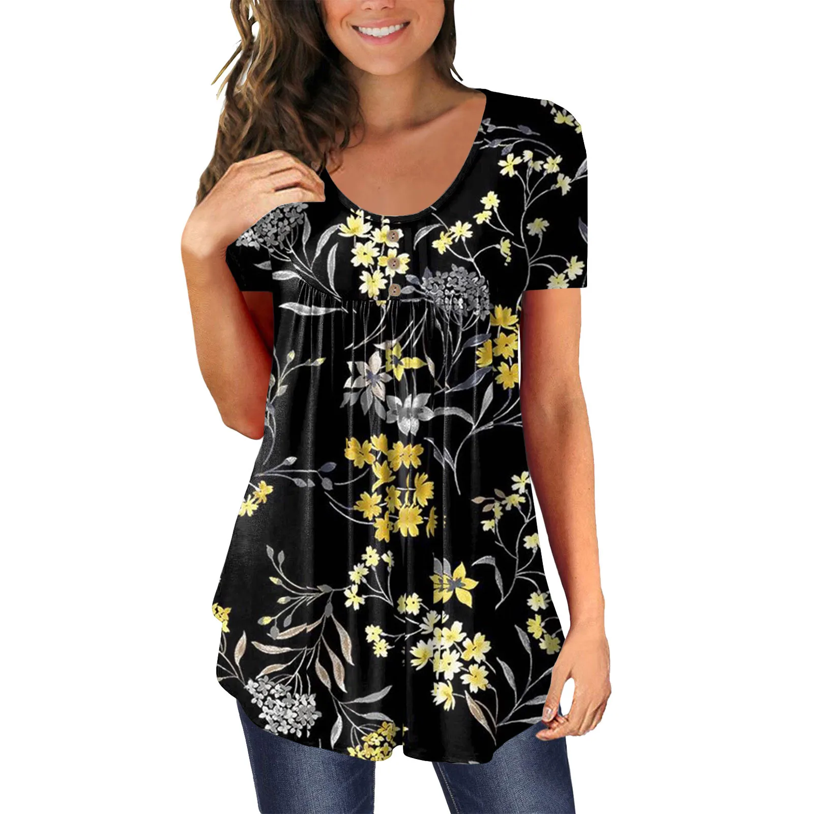 

Summer Casual Tops Women Short Sleeves Tunic Button Print Loose Tee Shirts Ladies Fashion Pleated Splicing Floral Blouse Shirt