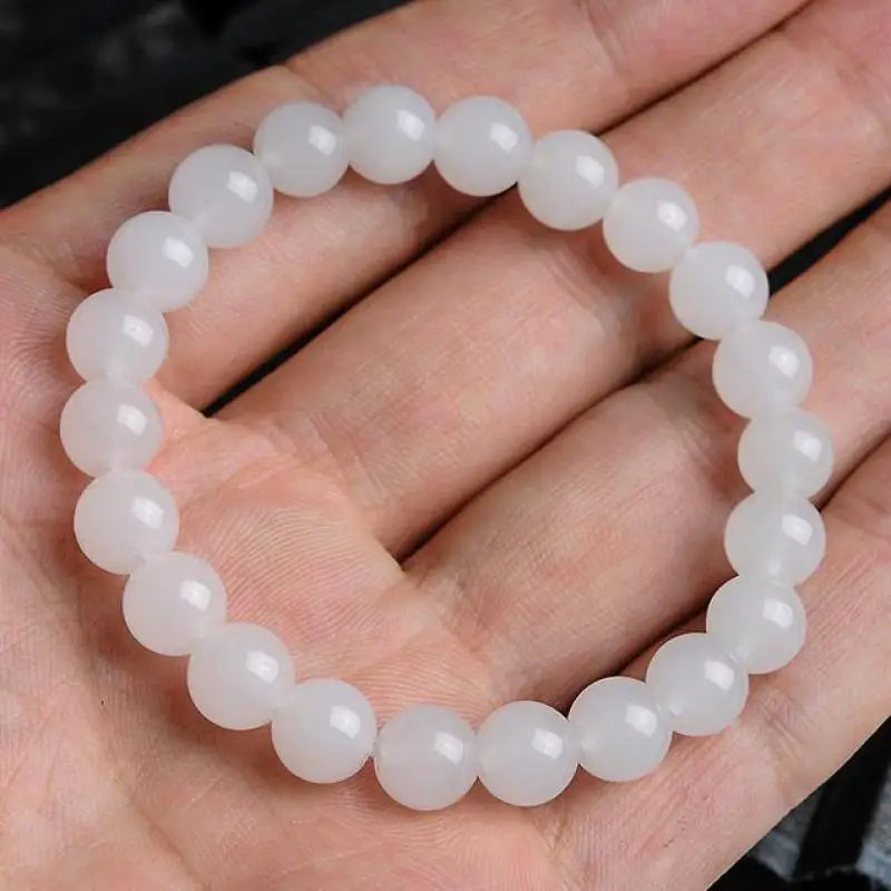 

Natural White Jade Bracelet Women Healing Jewelry Jadeite Round Beads Elastic Beaded Bracelets Hetian Jades Nephrite Bangles
