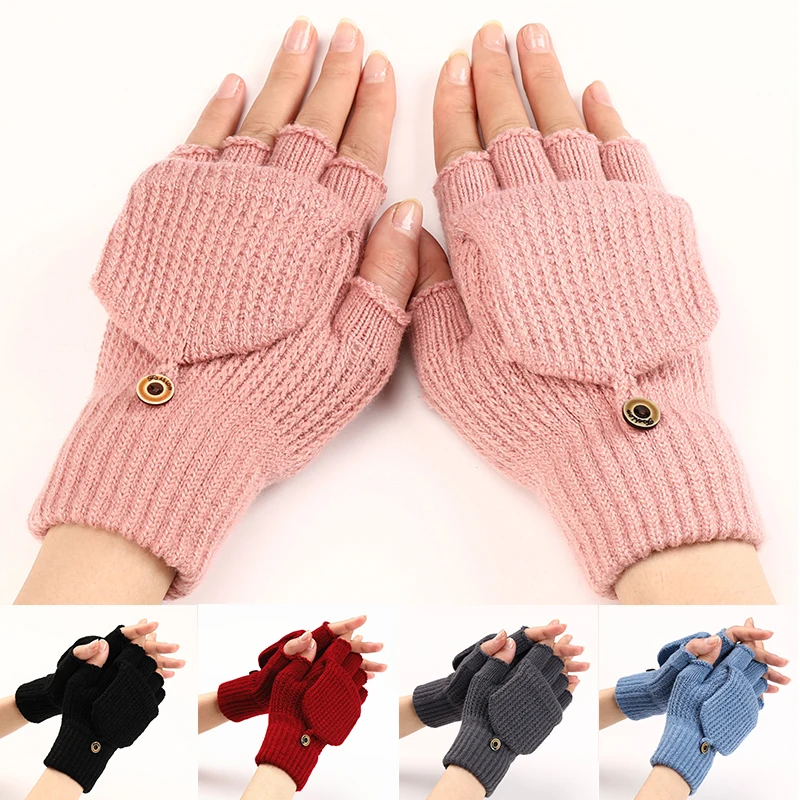 

1 Pairs Couple Half Finger Gloves Flip Cover Gloves Thicken Woolen Knitting Solid Mittens Women Crochet Fingerless Gloves Button