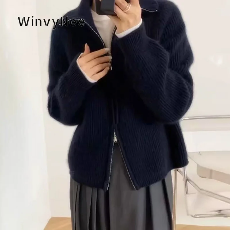 Фото Женский кашемировый кардиган WinvyNee на молнии, вязаный свитер в рубчик, свободный крой, элегантный, для повседневного осенне-зимнего образа B1734006 №1