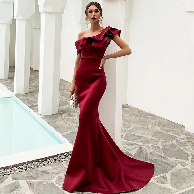 

Off-the-Shoulder Ruffles Trumpet Evening Gown for Party Sleeveless Floor-Length Wine Red Open Back Mermaid Vintage Dress