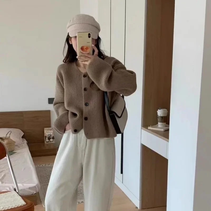 Осень/зима новый вязаный кардиган свитер женский свободный крой стиль