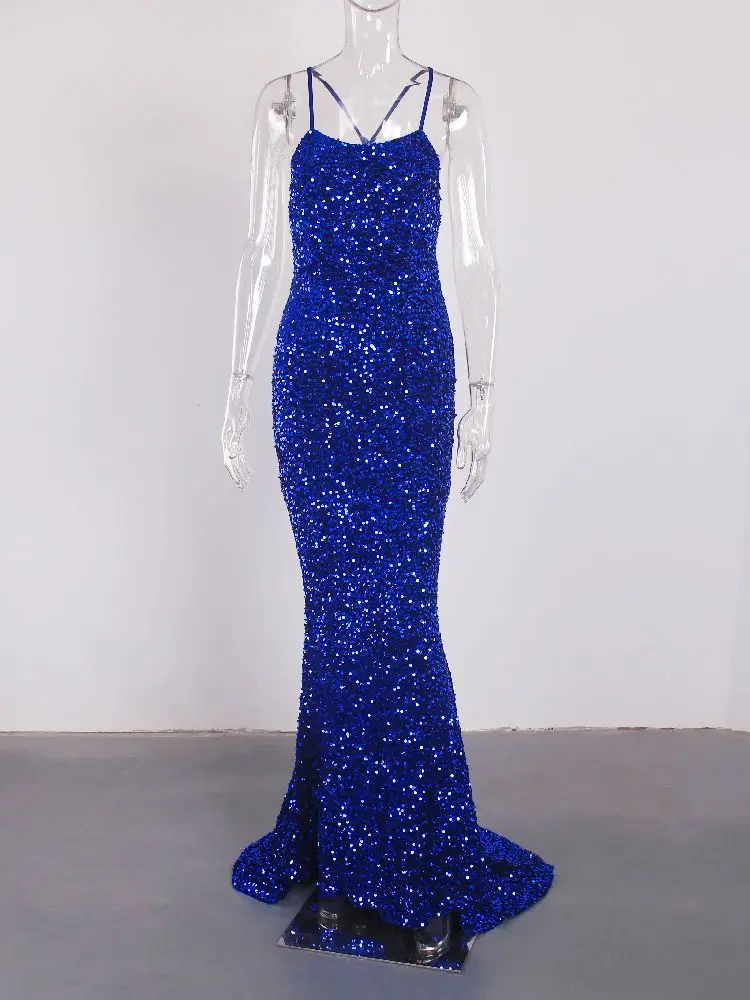 Женское платье макси с открытой спиной и перекрестными лямками эластичное