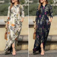 womens holiday leisure lapel long sleeve robe long floral printed cotton dress button shirt long 5xl