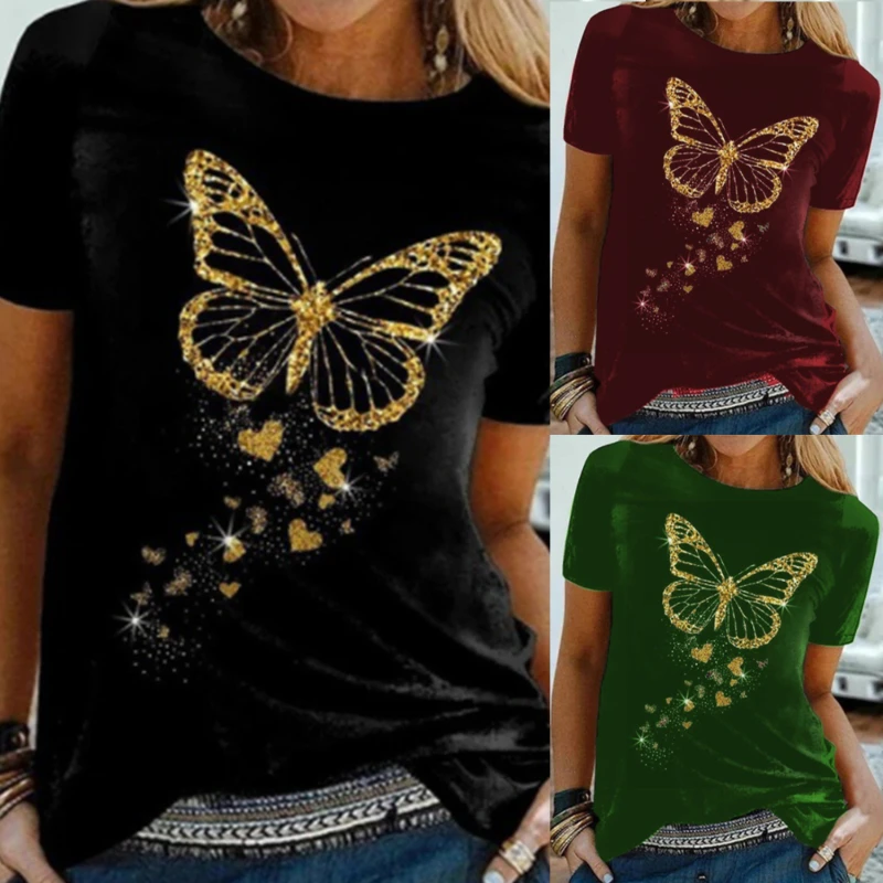 

New Butterfly Lady T-shirt Round Neck Summer Casual Female Animal Series Tee Short Sleeve Loose Women Tops
