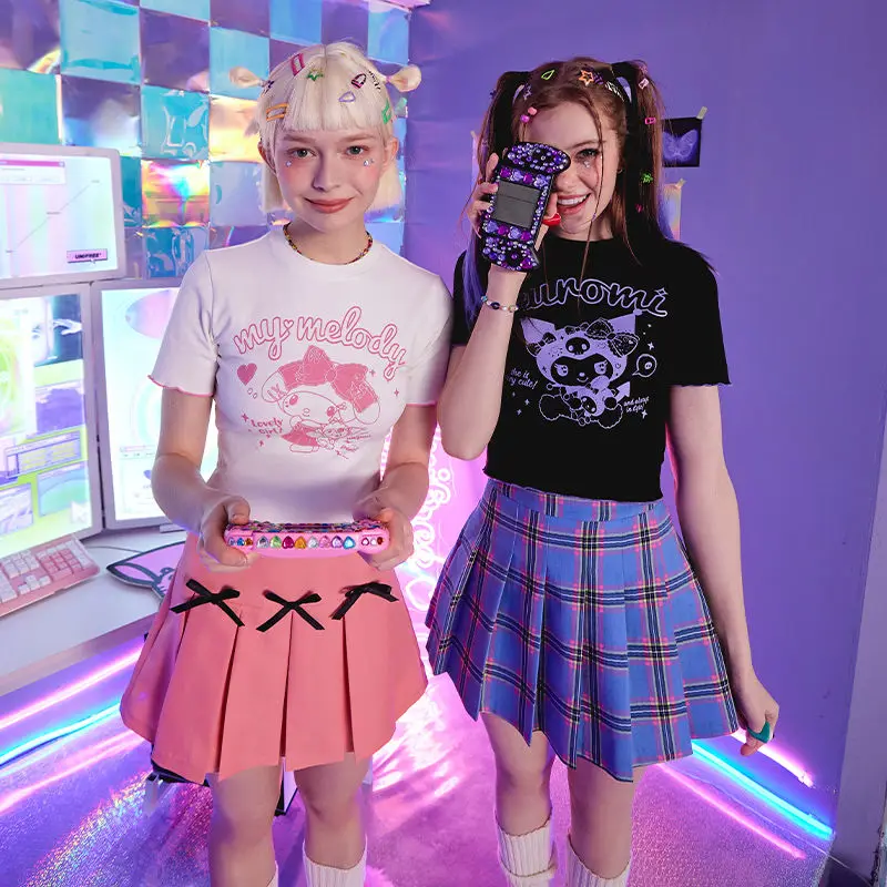 

Kawaii летняя аниме мультфильм Sanrio Kuromi My Melody короткий рукав топ одежда милая красивая модная тонкая нижняя рубашка одежда