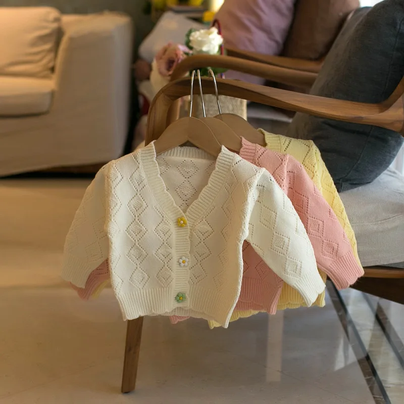 

RealShe New 2022 Baby Girls Fashion Knitted Cardigan Sweater Kids Autumn Warm V-neck Hollow Out Cardigan Sweater Jackets